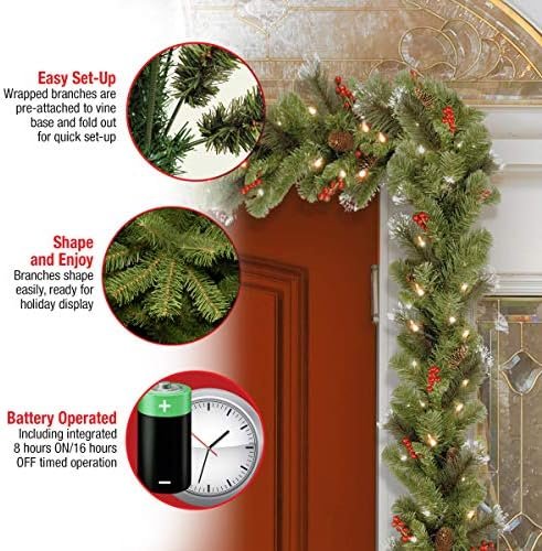 National Tree Company 9 ft Pre-Lit Crestwood Spruce Artificial Christmas Garland, Christmas Decoration with Glitter, Pinecones