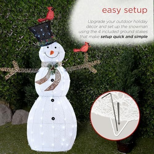 Alpine Corporation 74" (Over 6 Feet Tall) Outdoor Mesh Snowman Yard Decor with Red Birds and 100 Cool White LED Lights, Christmas Holiday Lighted Sculpture