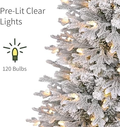 Puleo International 6ft Pre-Lit Potted Flocked Arctic Fir Pencil Christmas Tree with 120 Warm White Lights