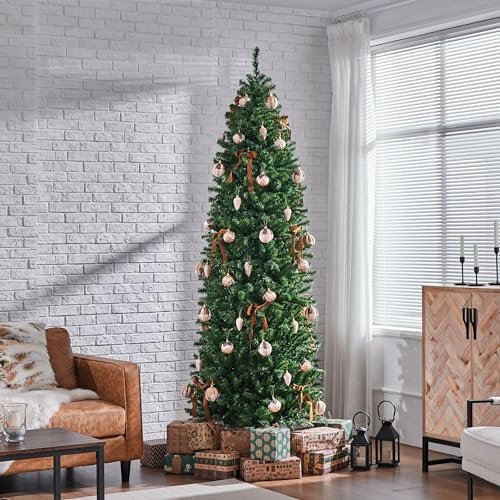 Kingswood Fir Pencil Artificial Hinged Christmas Tree Skinny Corner Xmas Tree with 350 Incandescent Warm White Lights Prelighted Xmas Tree with Foldable Stand, Green