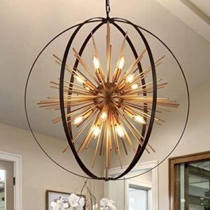 Chandelier Modern Industrial Adjustable Hanging Ceiling Firework Pendant Light Fixture for Entryway Foyer Stairway Bedroom Dining Living Room Hallway Black Gold 16-Light Globe Sputnik