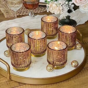 Kate Aspen Gold Votive Candle Holders - Vintage Ribbed Glass Candle Holder Set of 6 - Mercury Glass Tealight Holders for Christmas Table Decor, Holiday Centerpieces, Fall Thanksgiving Tablescape