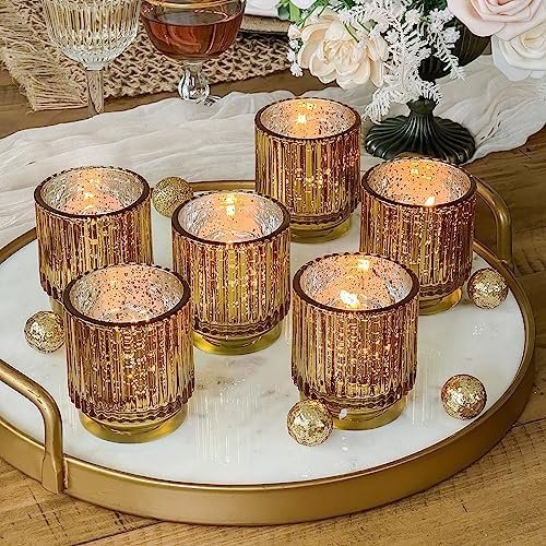 Kate Aspen Gold Votive Candle Holders - Vintage Ribbed Glass Candle Holder Set of 6 - Mercury Glass Tealight Holders for Christmas Table Decor, Holiday Centerpieces, Fall Thanksgiving Tablescape