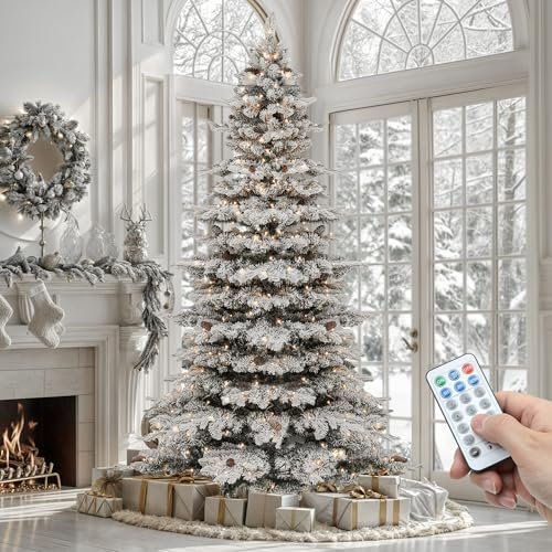 Christmas Tree with Remote, 7.5FT Pre-Decorated Hierarchical Tower Flocked Christmas Tree, 1278 Branch Tips, 550 Lights, 55 Pine Cones for Party Home Deco