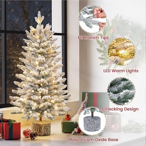Christmas Tree, Snow Frosted Mini Tabletop Artificial Christmas Tree with 50 Warm White LED Lights and 355 PE Branch Tips for Holiday Decoration