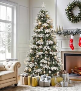 Christmas Tree 6ft, Full Natural Green Alaska Pine with Snow, 29 Pine Cones and 300 LED Lights, Xmaxs Artificial Trees with 900 Hinged Branch Tips & Stand Decoration Remote Controlled