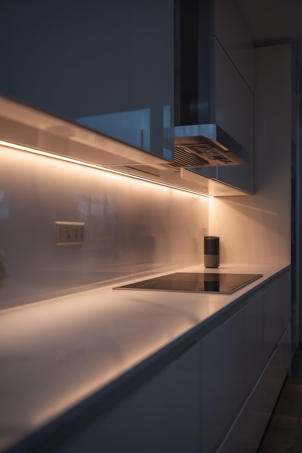 Alexa Lighting installed in white modern kitchen with dimmable LED bars