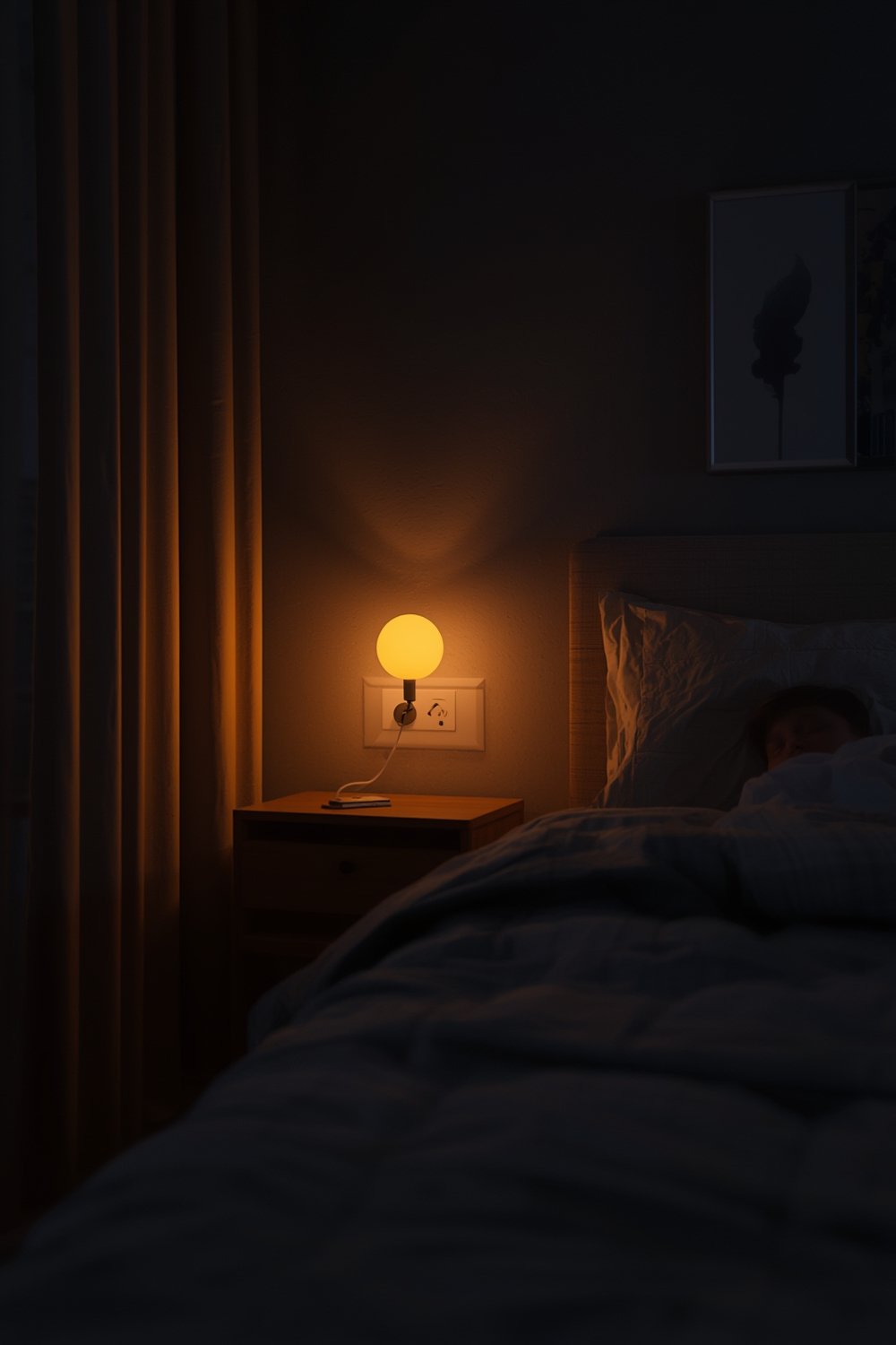 amber nightlight in use, illuminating a dark hallway