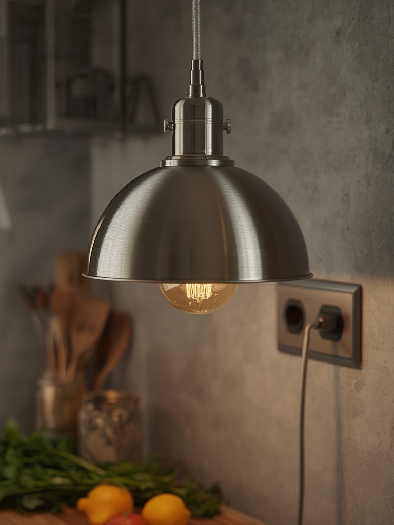 plug pendant brushed steel finish close-up