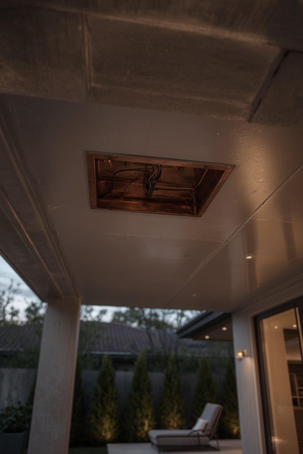 ceiling box in outdoor installation, supporting ceiling fan installation with NEMA 3R rated weatherproof protection