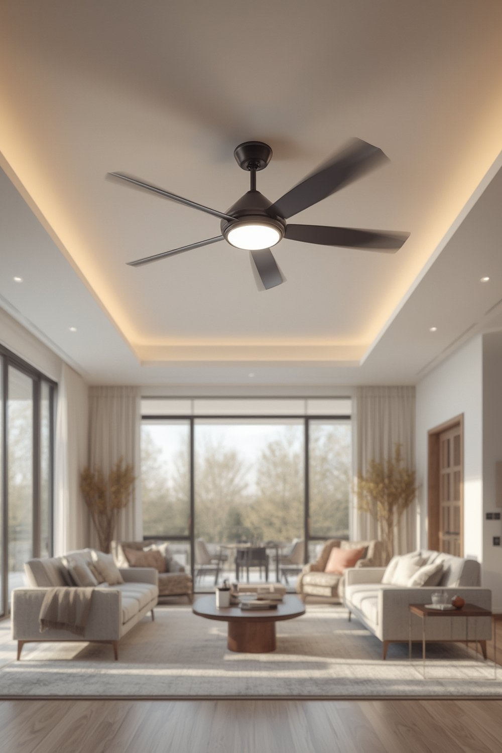 ceiling fan installed in cozy bedroom space, dimmable light activated