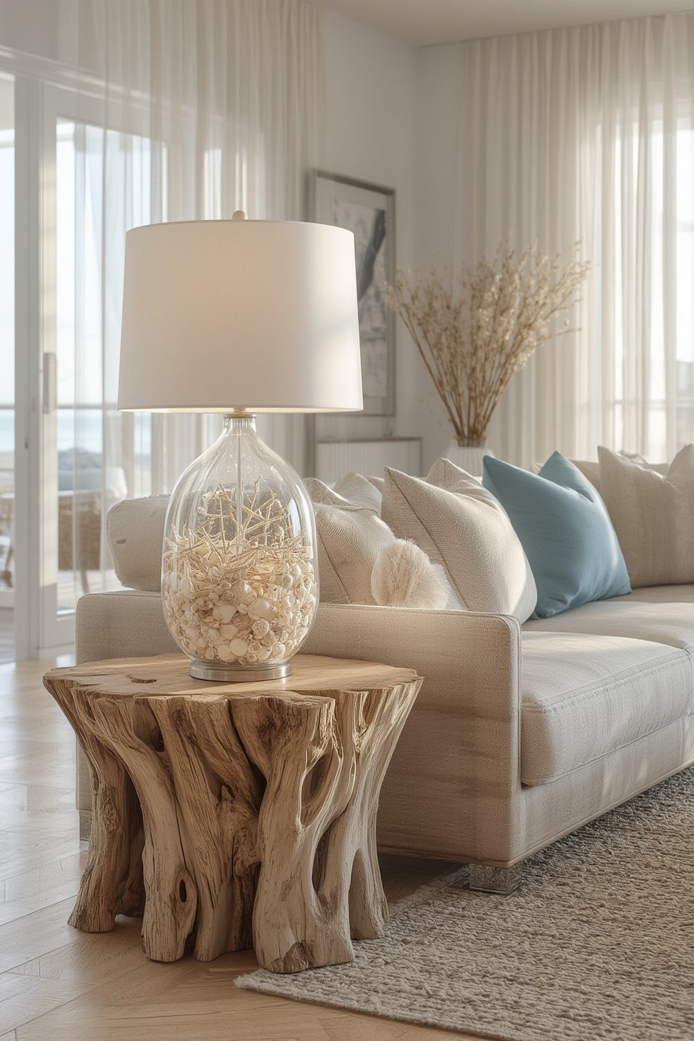 coastal lamp with white drum shade on bedroom nightstand