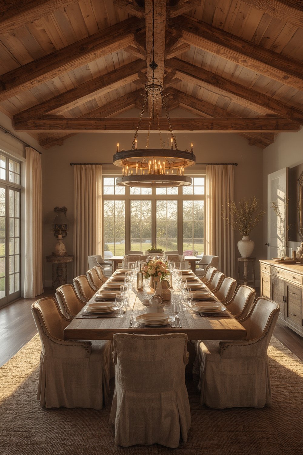 farmhouse chandelier - rustic quatrefoil design in dining room