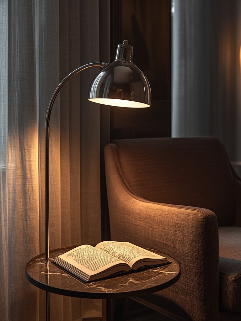 chrome shade arc lamp in home office