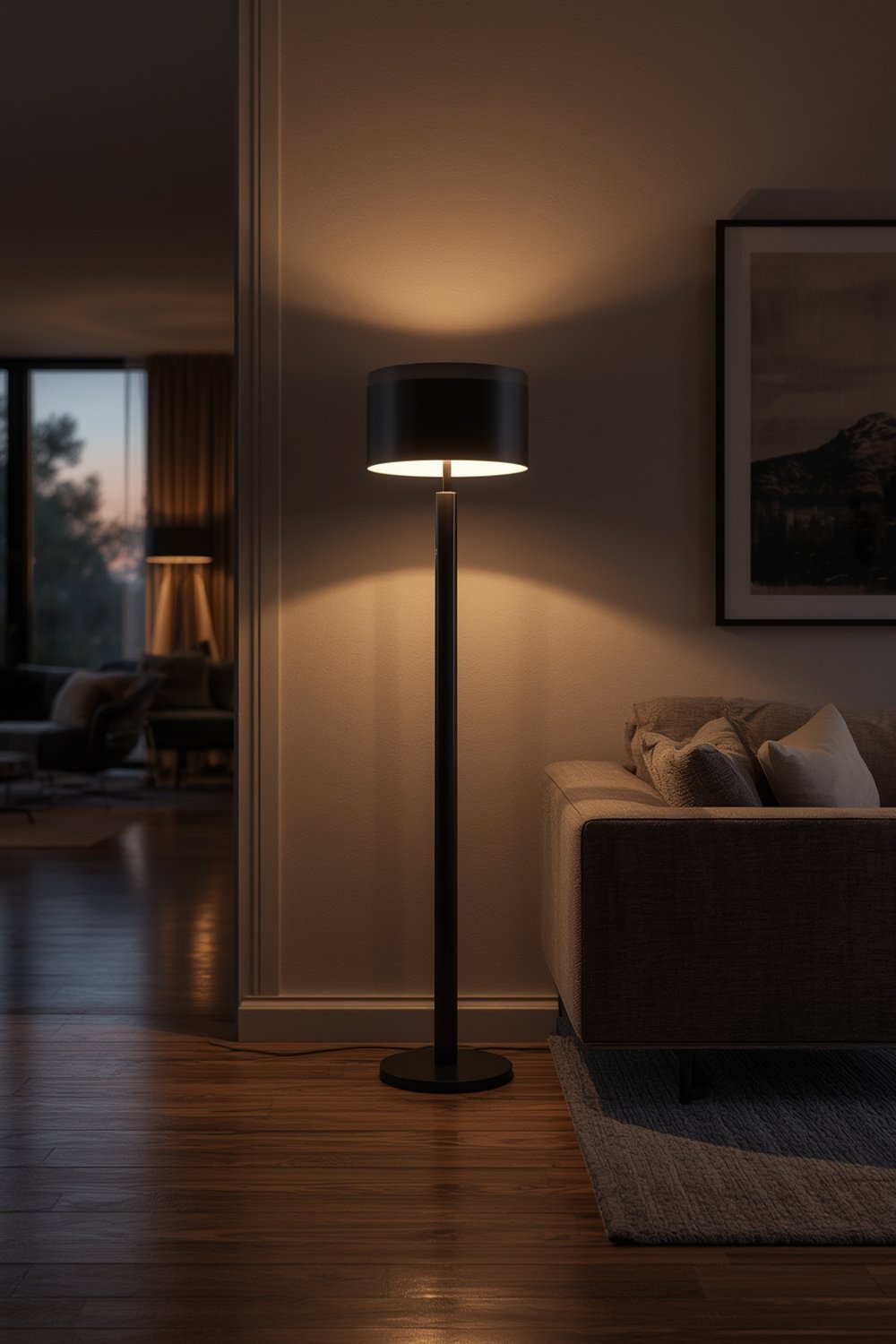 floor lamp positioned stylishly for living room lighting