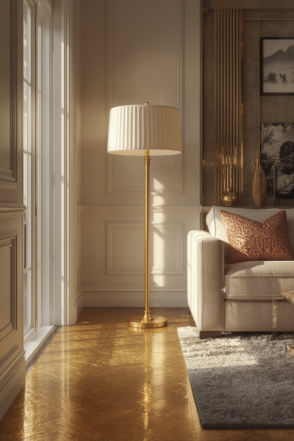 gold floor lamp with cotton shade in farmhouse living room
