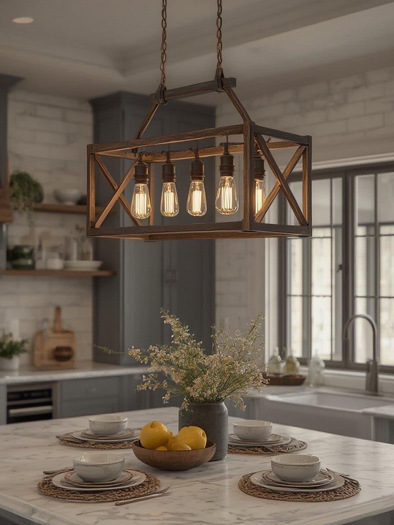 kitchen lighting with farmhouse chandelier over island