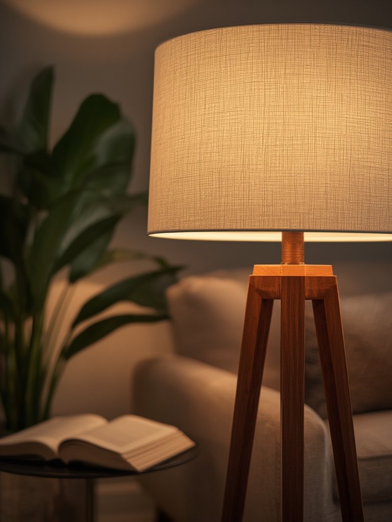modern floor lamp - two-tone lamp with faux wood base and fabric shade in a contemporary interior