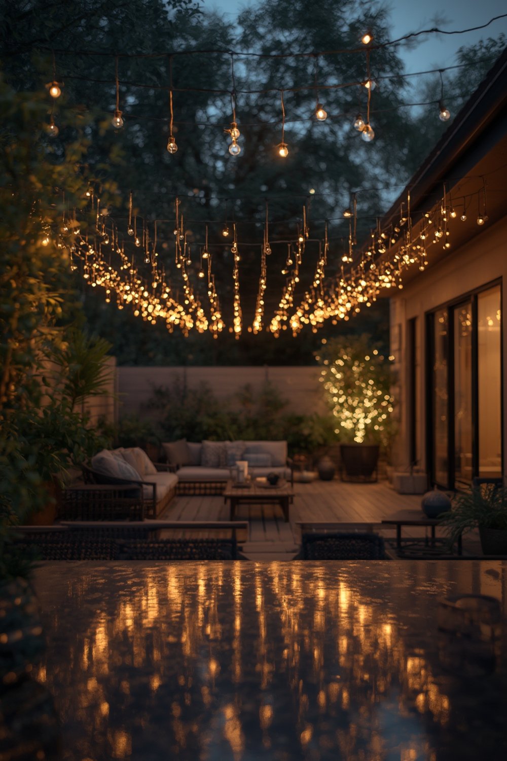 outdoor string patio setup with shatterproof bulbs for backyard lighting