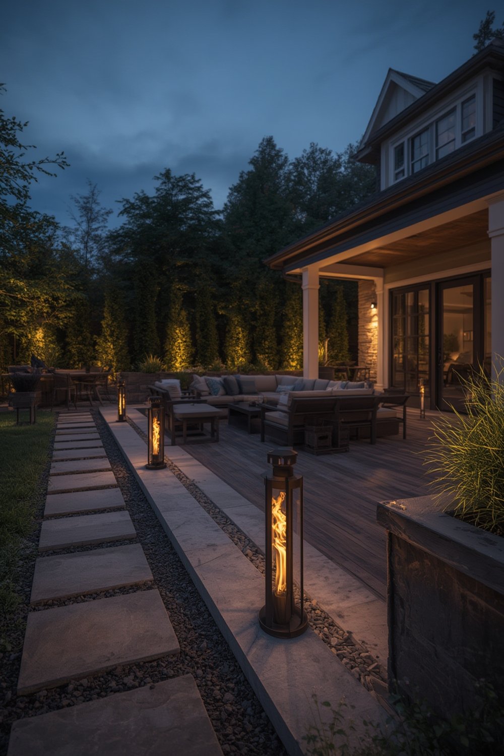 outdoor torches installed on garden lawn