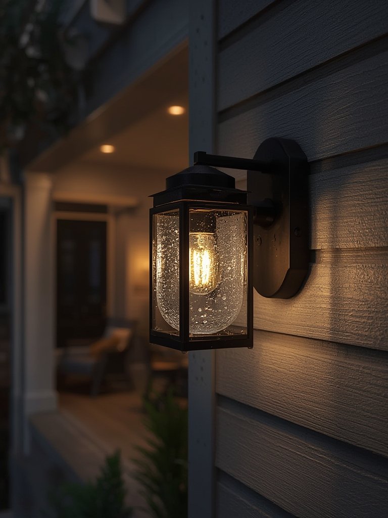 porch light illuminating exterior wall at night