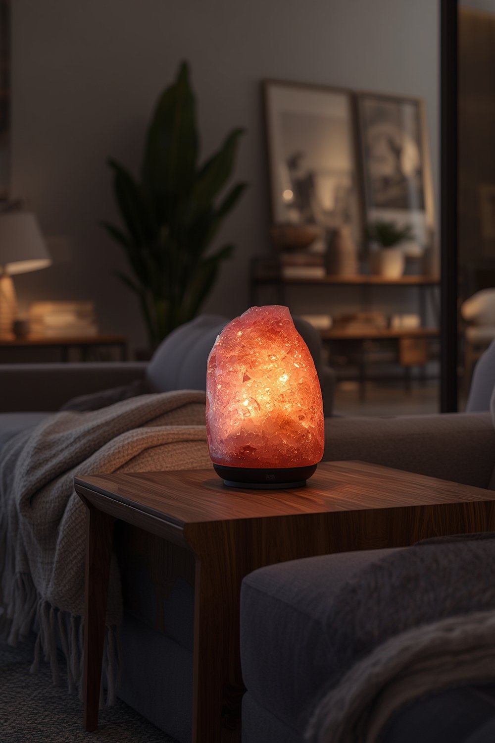 salt lamp on wooden base natural air purifier