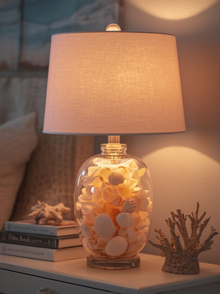 seashell table lamp on beach house console table