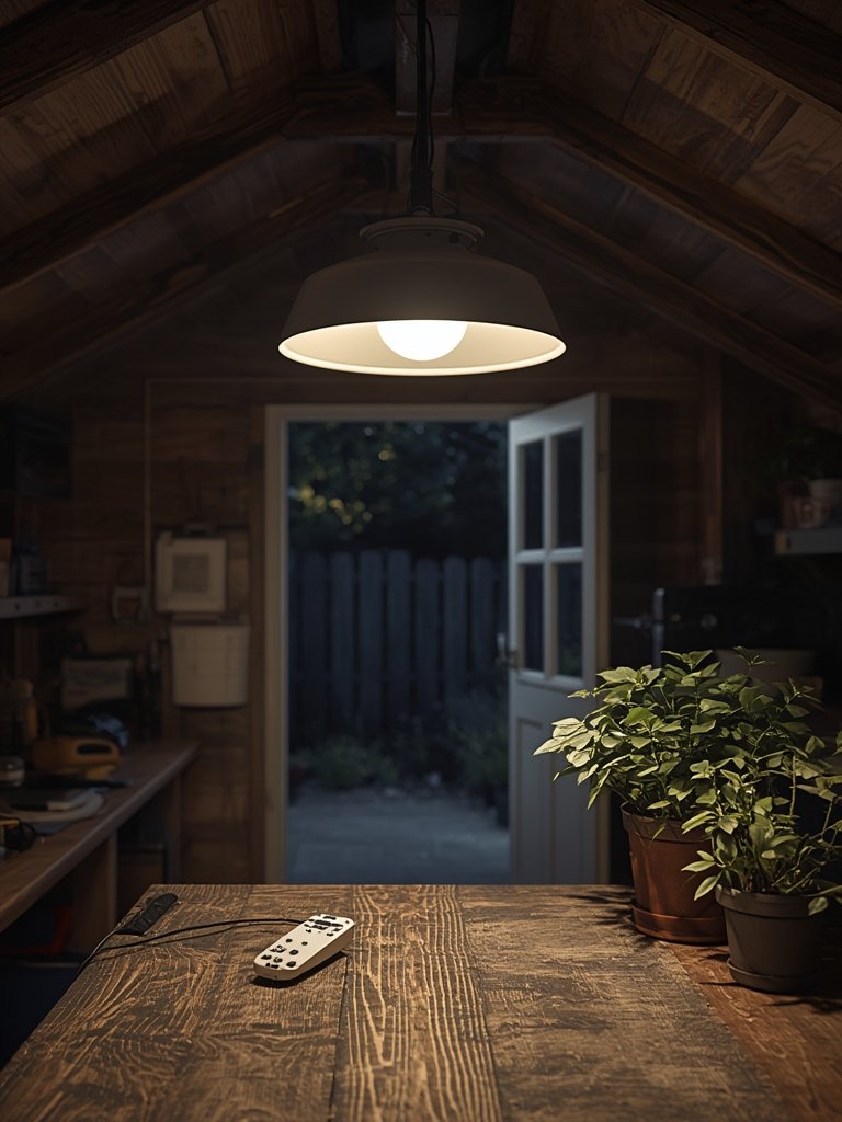 shed lighting showing solar light and bright LED barn lamp