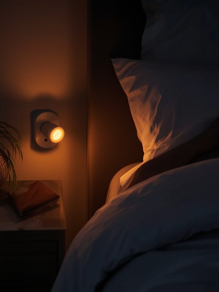 sleep aid amber nightlight installed as plug nightlight in bedroom