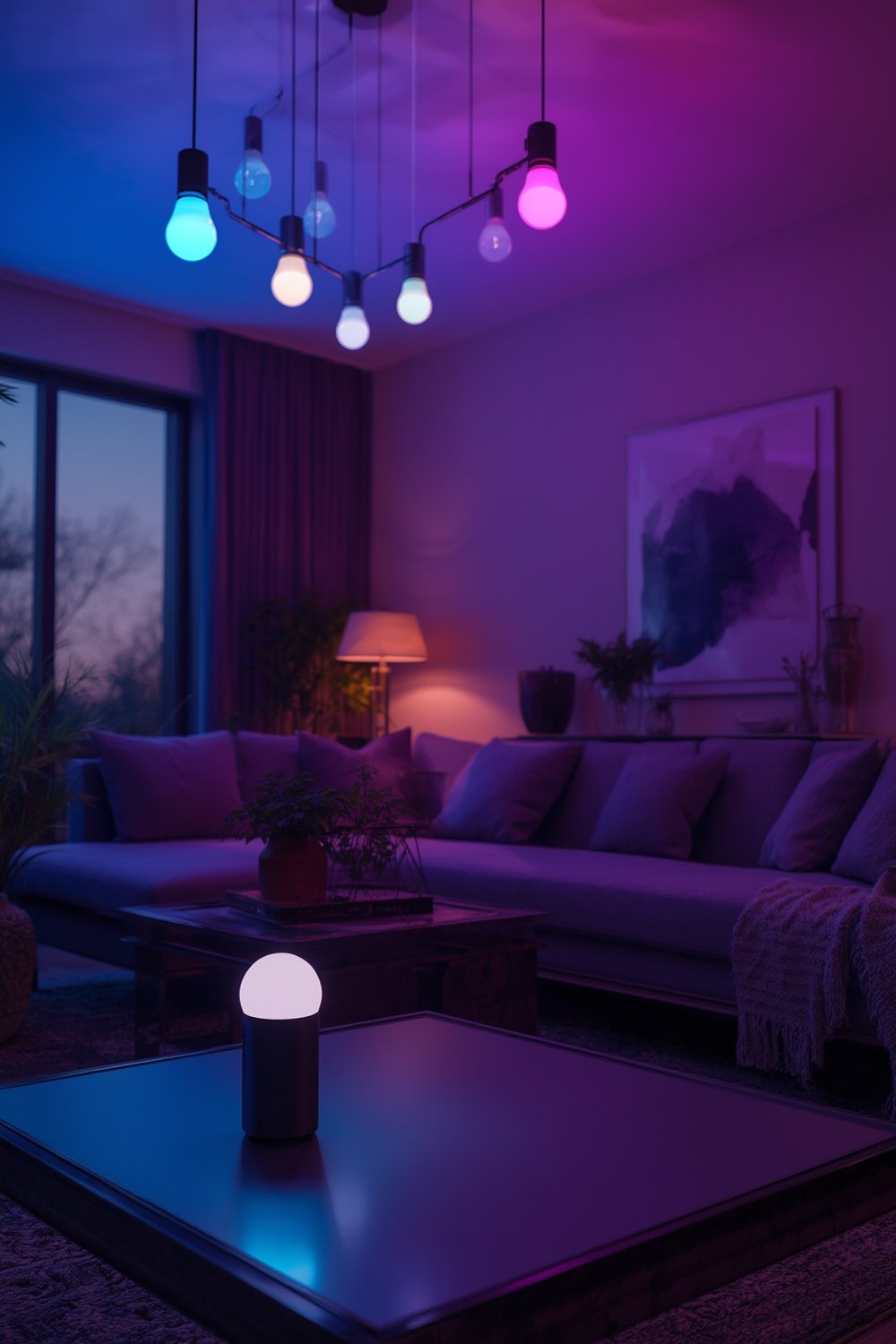 smart bulb installed and glowing in a living room lamp, demonstrating color options and smart features