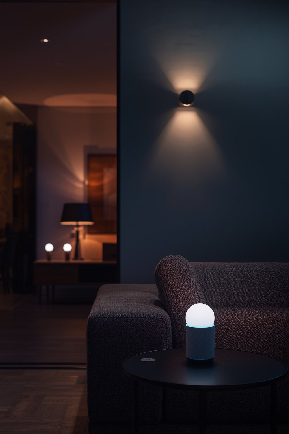 smart bulb installed in a modern living room, shining in multiple colors