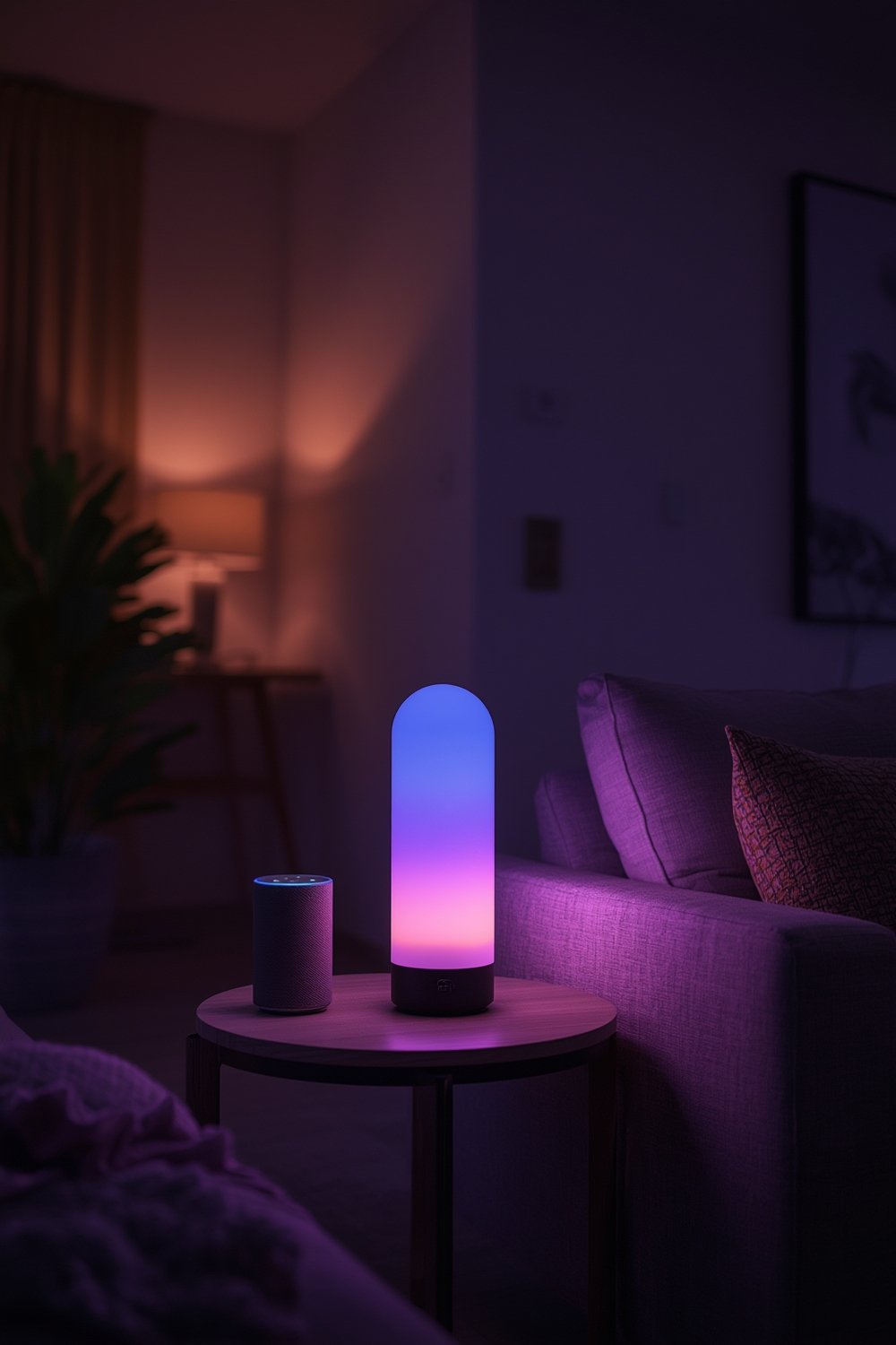 smart lamp in living room showing color changing LED light