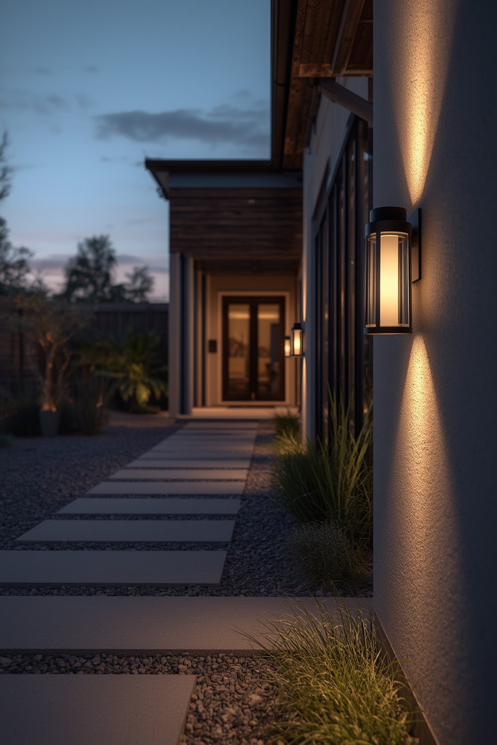 solar lanterns illuminating a modern patio wall