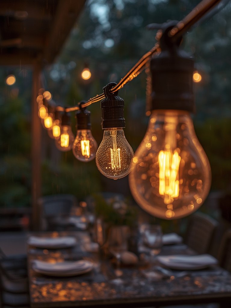 string lights hanging over a festive bistro patio