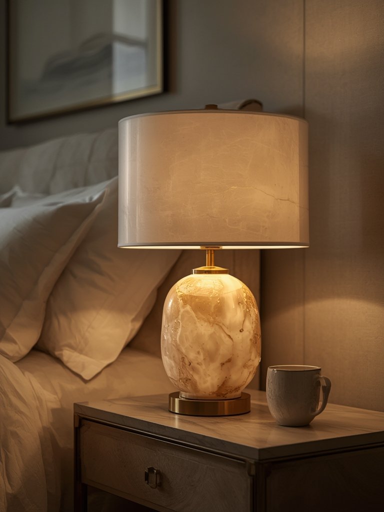 LED table lamp with white gold finish glowing on a nightstand