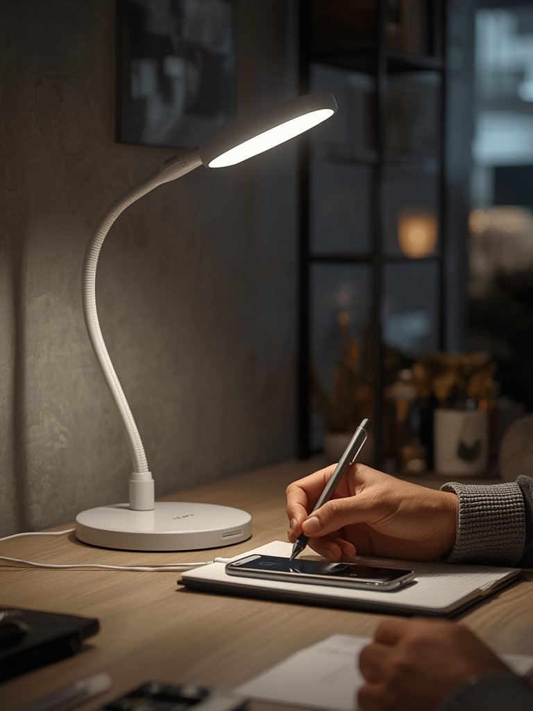 LED task lamp showing USB charging port and ETL listed lighting