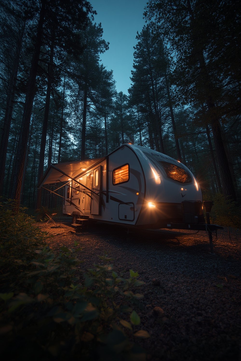 RV lighting illuminating an outdoor RV campsite at night