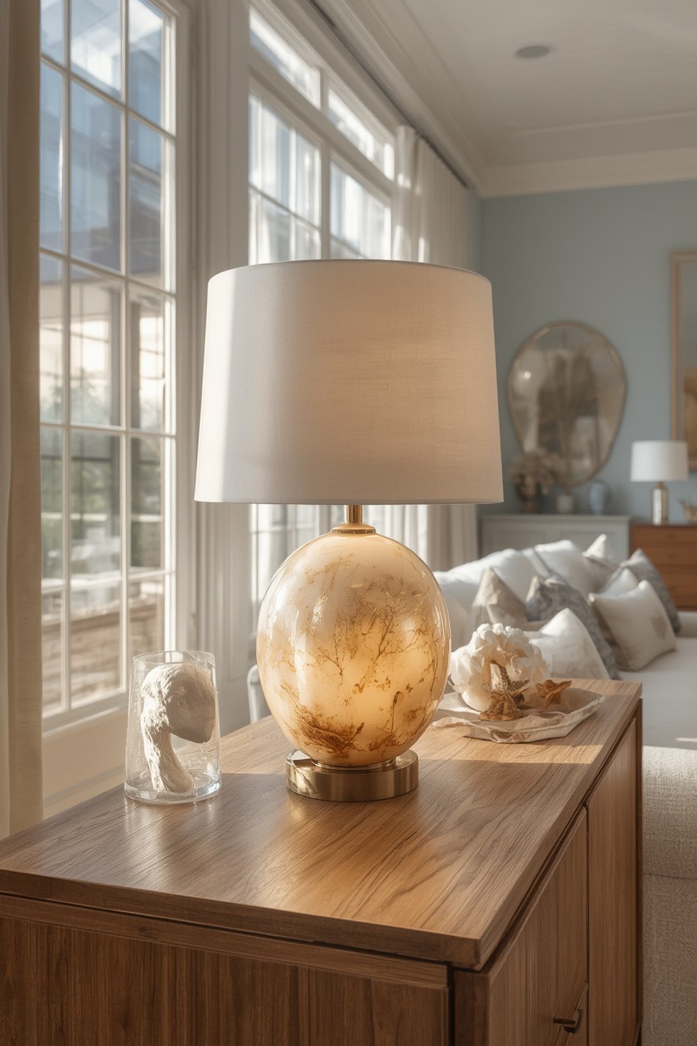 alabaster lamp in modern living room with drum shade lighting