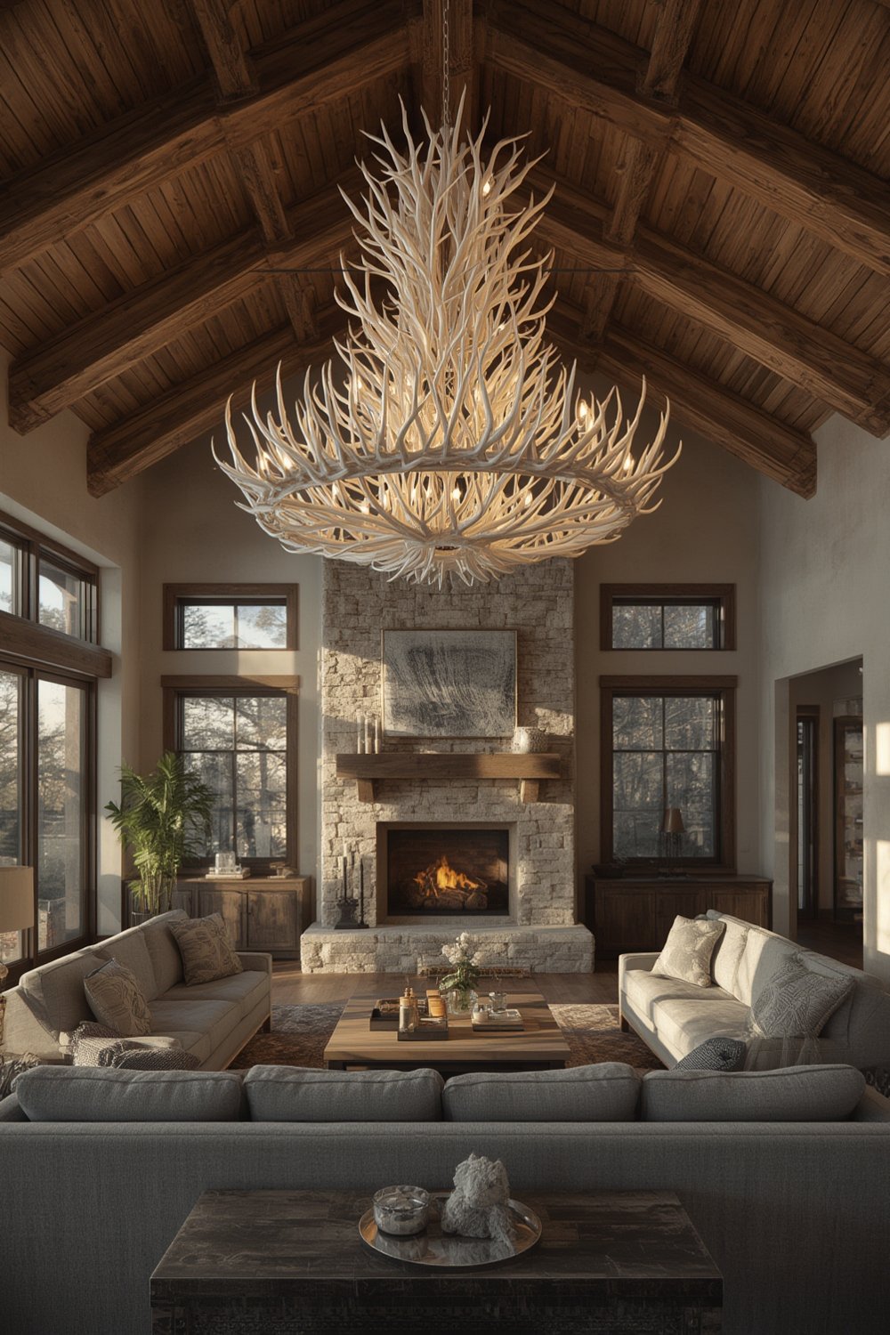 antler chandelier showcased in dining room