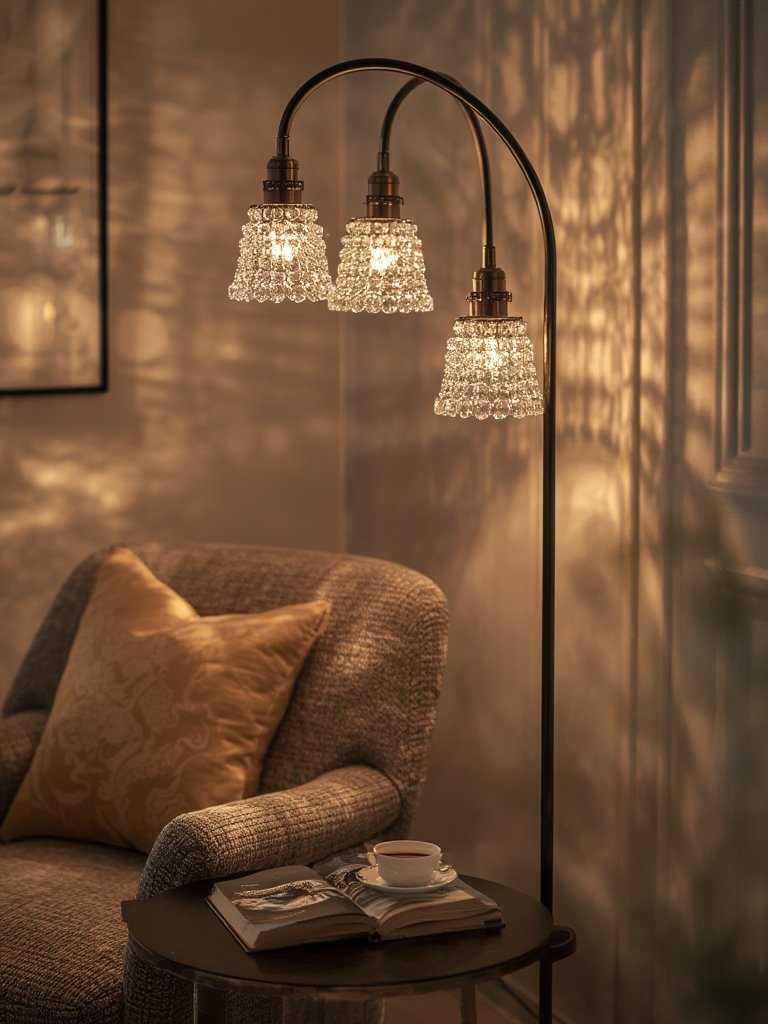 Arch floor lamp with faux crystal lamp shades illuminated