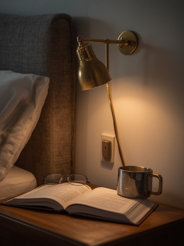 bedside lamp - Nathan James wall sconce as reading light beside bed