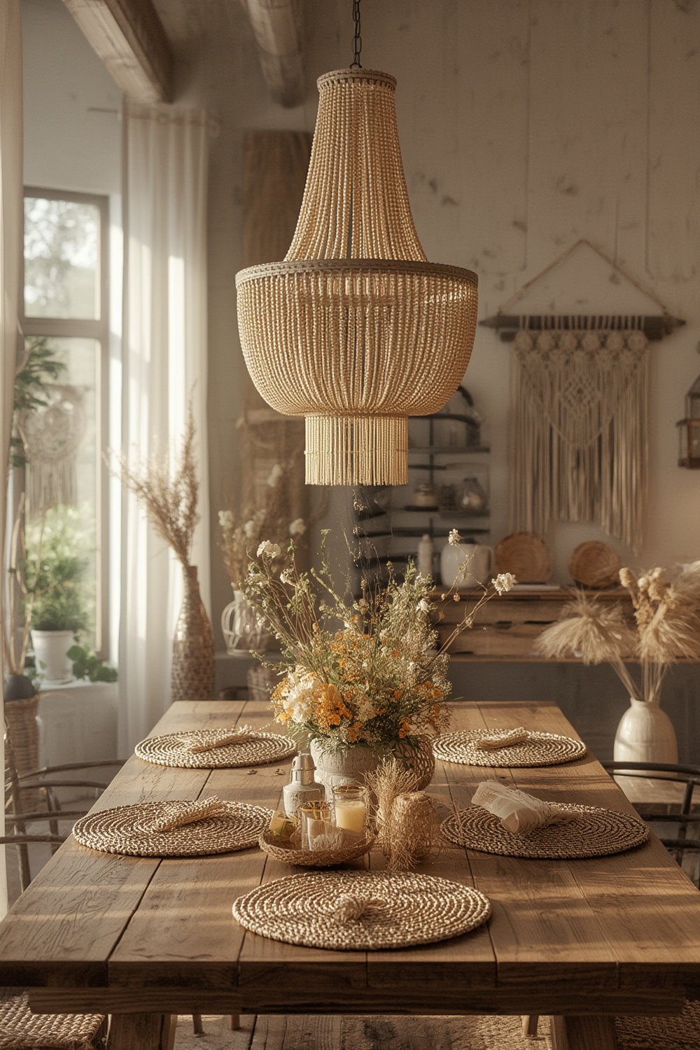 boho chandelier in contemporary farmhouse dining room