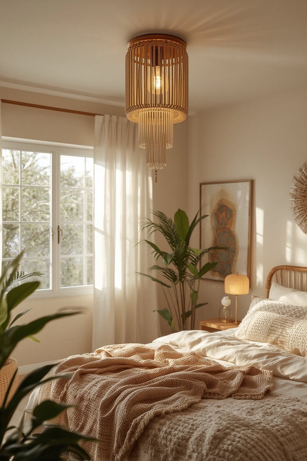 boho lighting in a farmhouse style bedroom