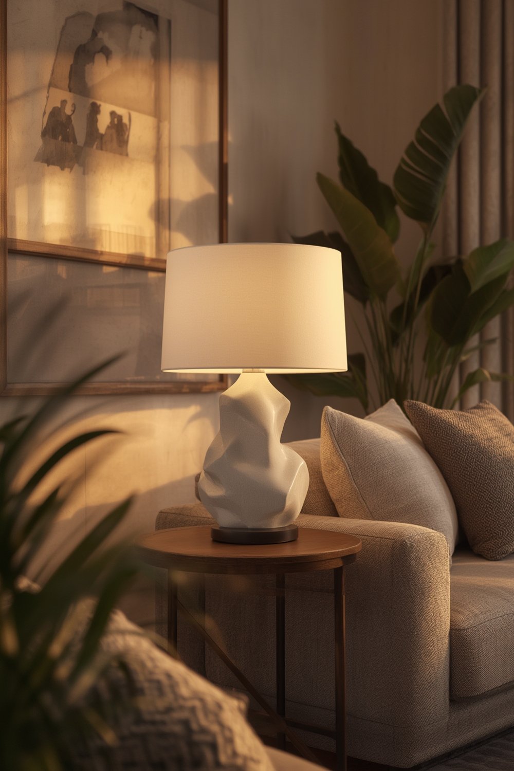 ceramic lamp with matte white finish in a living room setting