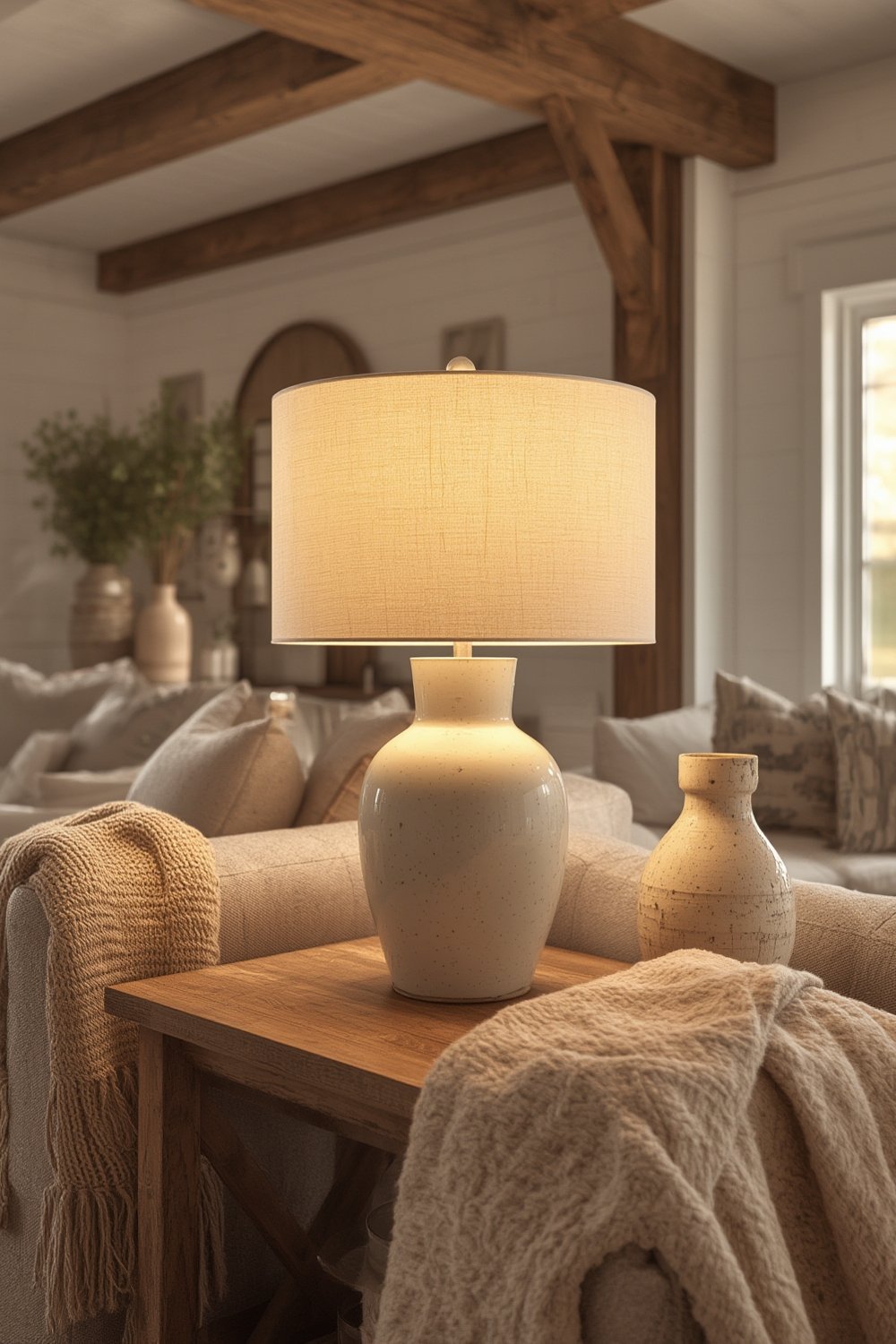 ceramic lamp with crackle finish on end table