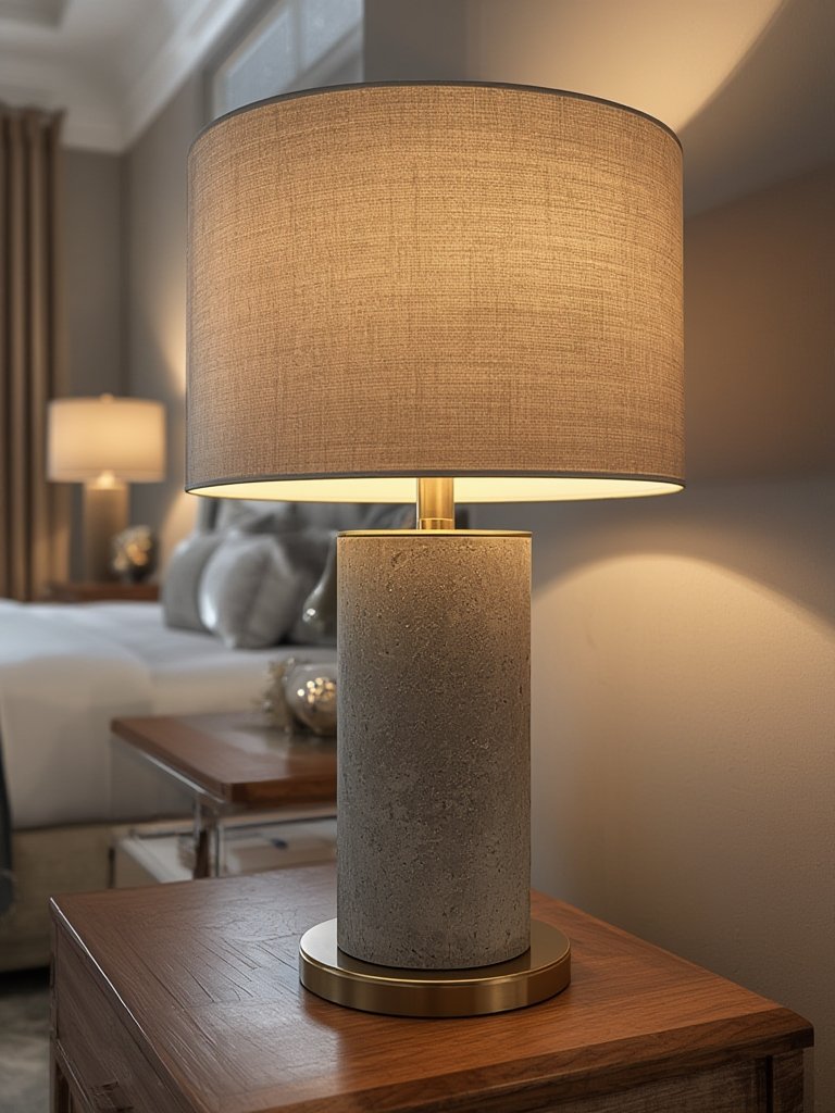 contemporary lamp with faux concrete and brass finish on nightstand
