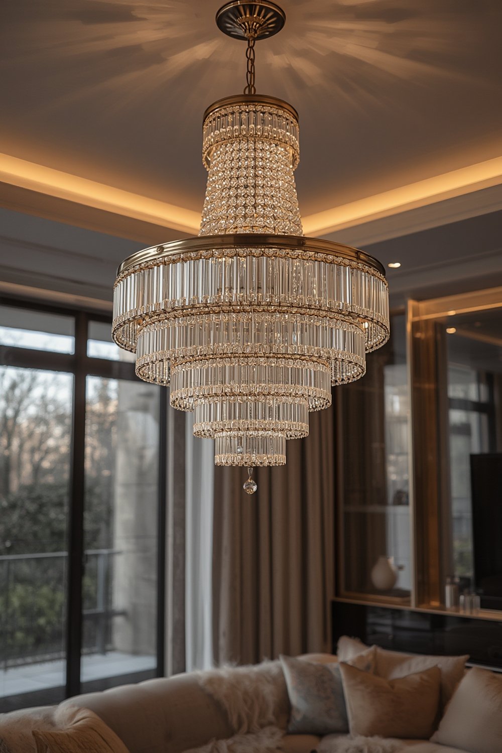 crystal chandelier sparkling over a dining table, antique brass and faceted crystals