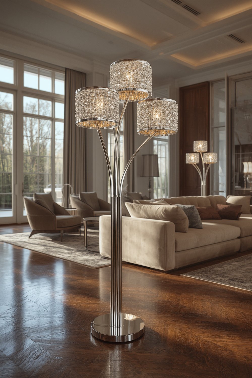 Ore International crystal lamp on in elegant living room