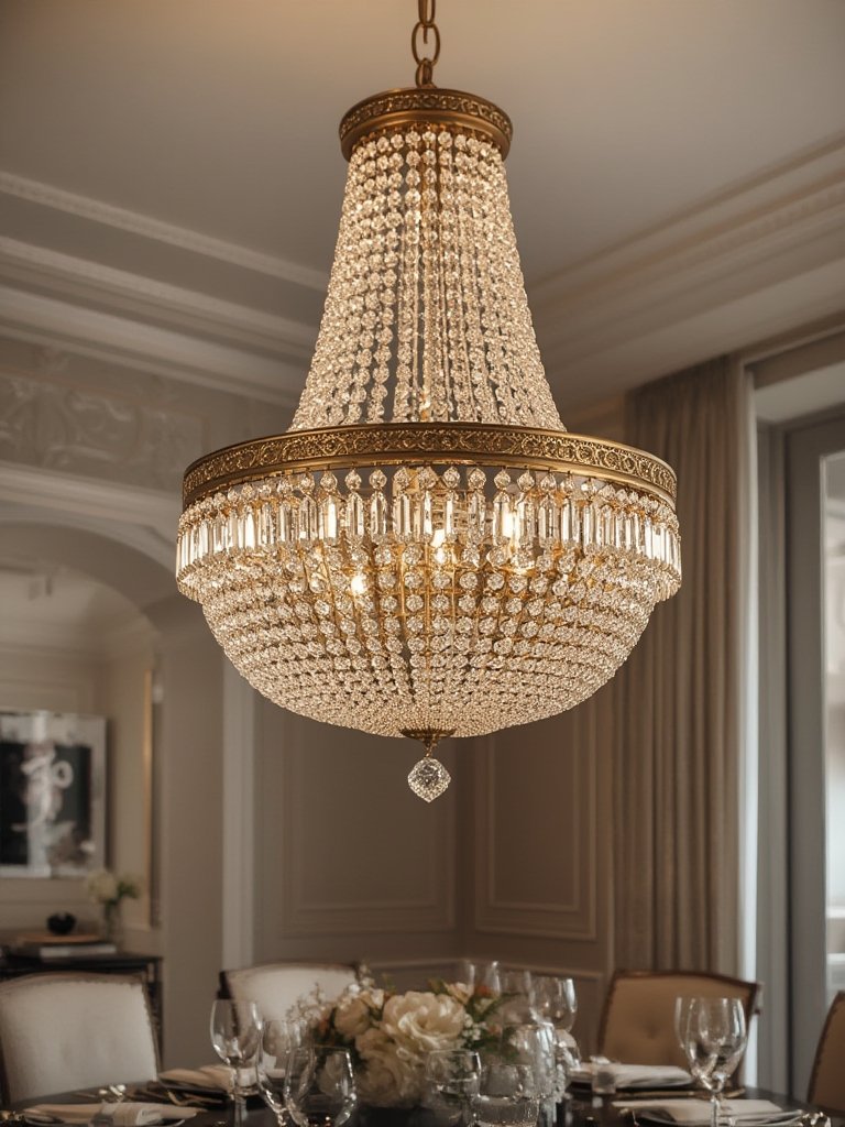 empire chandelier detail antique brass crystal accents