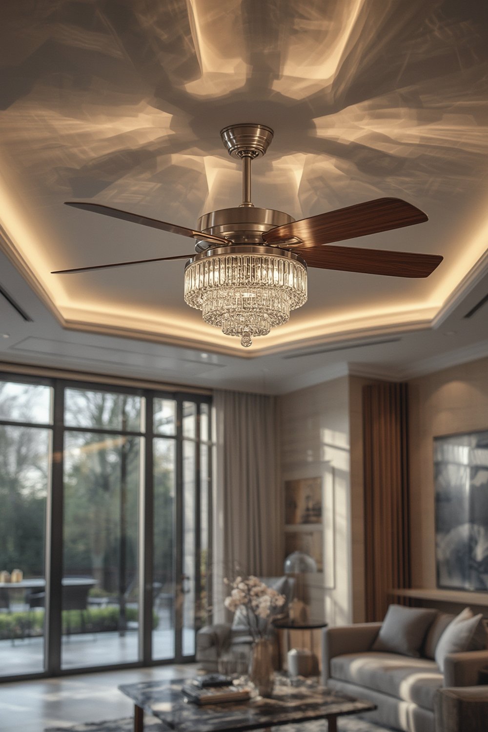 fandelier ceiling installed in luxury living room
